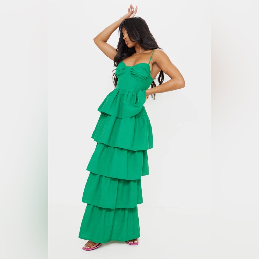 Pretty Little Thing BRIGHT GREEN CUP DETAIL STRAPPY TIERED MAXI DRESS